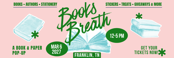 Books Breath Franklin, TN Mar 6, 2027
Books Breath is a book-themed market event featuring local artists and small businesses. Shop handmade goods, bookish fan art, stickers, candles, apparel, and one-of-a-kind literary gifts while enjoying themed photo ops, giveaways, and treats. Perfect for book lovers, readers, and fans of all ages, this indoor market celebrates the magic of stories — and supports local makers with every purchase. Join us for a day of literary fun!