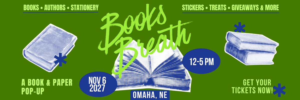 Books Breath Omaha, NE NOV 6, 2027
Books Breath is a book-themed market event featuring local artists and small businesses. Shop handmade goods, bookish fan art, stickers, candles, apparel, and one-of-a-kind literary gifts while enjoying themed photo ops, giveaways, and treats. Perfect for book lovers, readers, and fans of all ages, this indoor market celebrates the magic of stories — and supports local makers with every purchase. Join us for a day of literary fun!