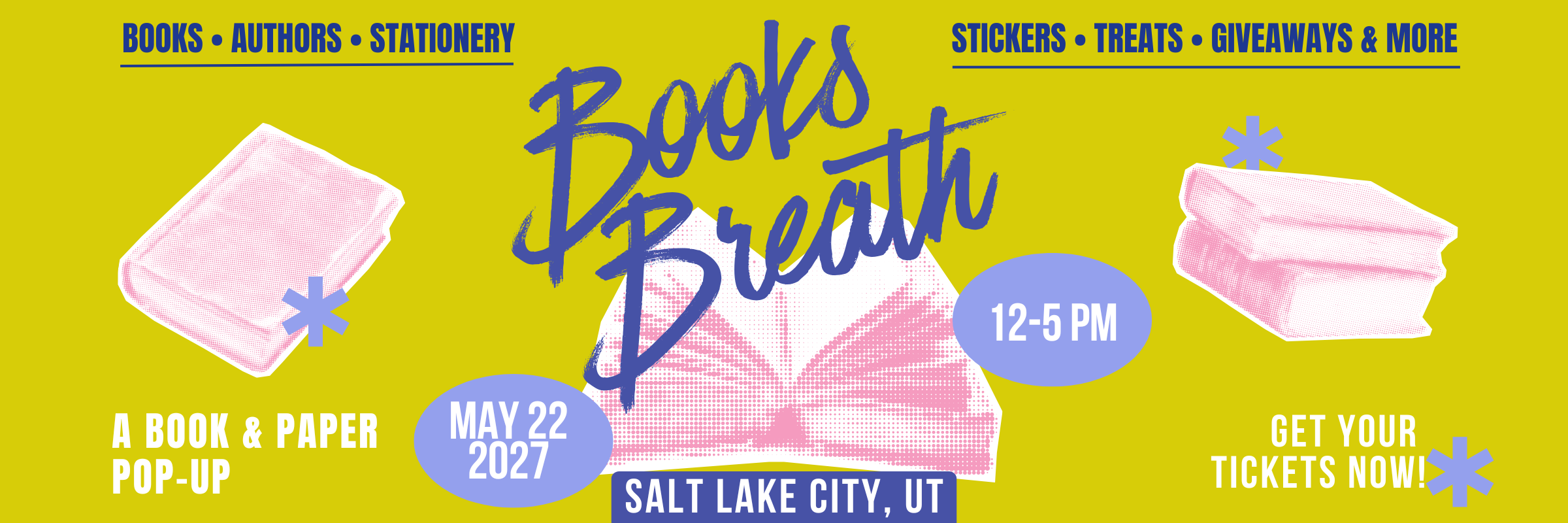 Books Breath Salt Lake City, UT May 22. 2027
Books Breath is a book-themed market event featuring local artists and small businesses. Shop handmade goods, bookish fan art, stickers, candles, apparel, and one-of-a-kind literary gifts while enjoying themed photo ops, giveaways, and treats. Perfect for book lovers, readers, and fans of all ages, this indoor market celebrates the magic of stories — and supports local makers with every purchase. Join us for a day of literary fun!