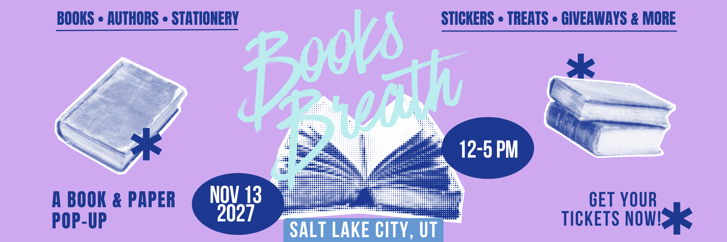 Books Breath Salt Lake City, UT NOV 13, 2027
Books Breath is a book-themed market event featuring local artists and small businesses. Shop handmade goods, bookish fan art, stickers, candles, apparel, and one-of-a-kind literary gifts while enjoying themed photo ops, giveaways, and treats. Perfect for book lovers, readers, and fans of all ages, this indoor market celebrates the magic of stories — and supports local makers with every purchase. Join us for a day of literary fun!